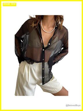 Sheer Mesh Button Up Blouse Long Sleeve Lapel V Neck See Through Top